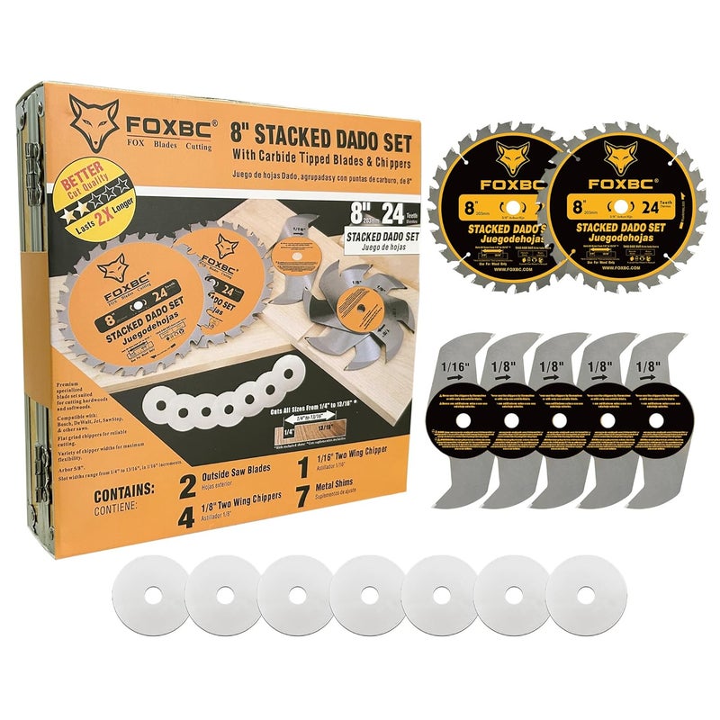 FOXBC 8" Carbide Stacking Dado Blade Set for SawStop, Jet, Dewalt, Bosch Saw - 14 Pieces - Image 2